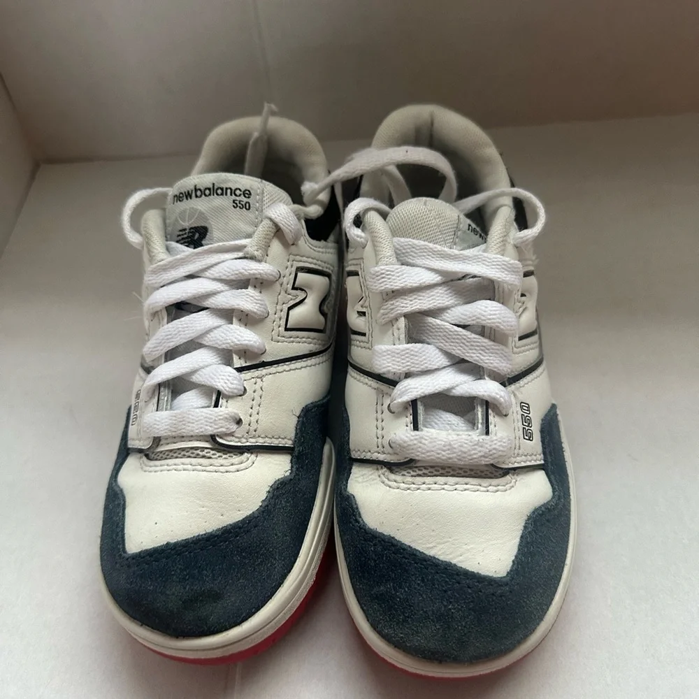 New Balance 550 Kids' Sneakers in White, Black, and Red size 12